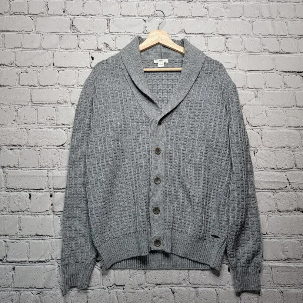 Brax James Virgin Merino Wool‎ Blend Gray Shawl Collar Knit Button Cardigan Sz L